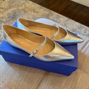 NEW Stuart Weitzman Emelia Mary Jane Flat Silver Metallic